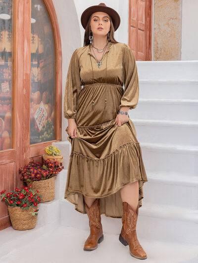 Plus Size Frill Tie Neck Long Sleeve Dress - Clothes For Her Online Store