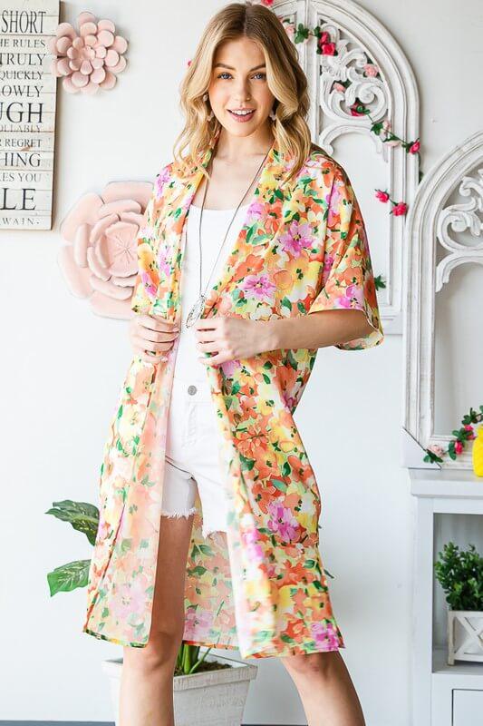 Heimish Full Size Half Sleeve Multi Color Floral Open Cardigan Plus Size - Clothes For Her Online Store