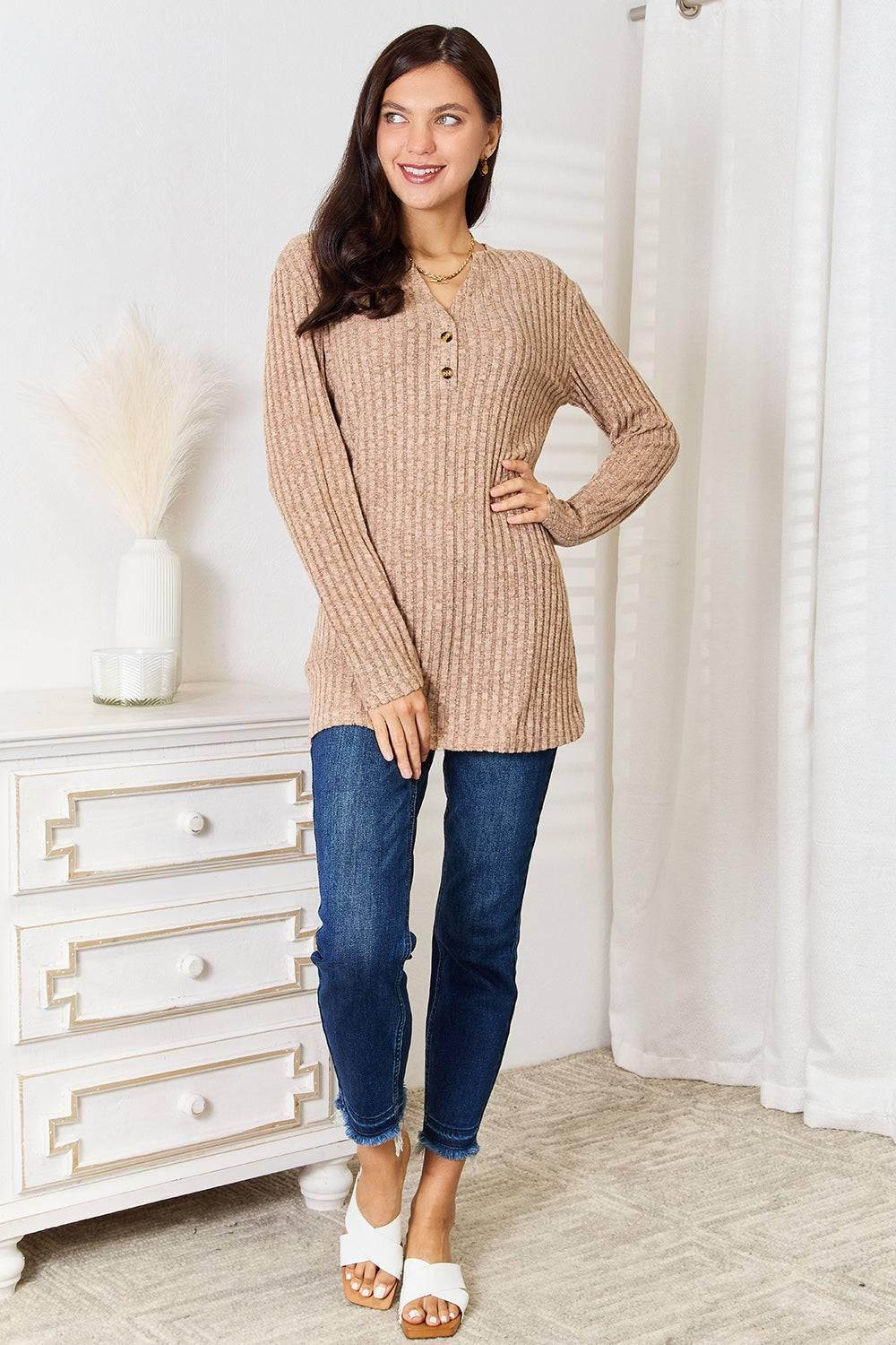 Double Take Notched Neck Ribbed Long Sleeve T-Shirt - Clothes For Her Online Store