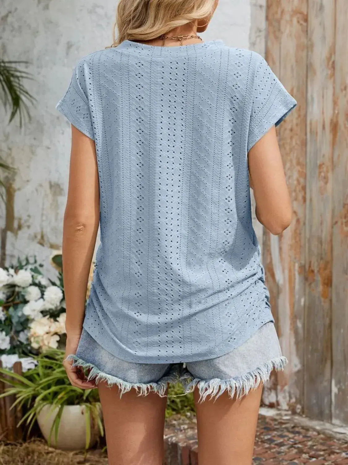 Eyelet V-Neck Short Sleeve Top - Clothes For Her Online Store