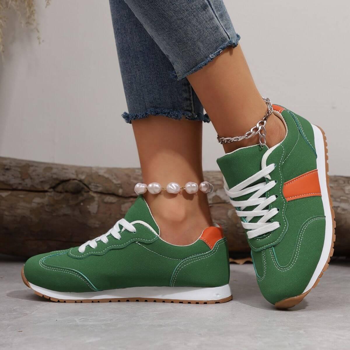 PU Leather Contrast Round Toe Flats Sneakers - Clothes For Her Online Store