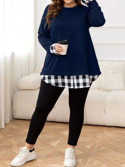Plus Size Plaid Hem Round Neck Long Sleeve Sweatshirt - Clothes For Her Online Store
