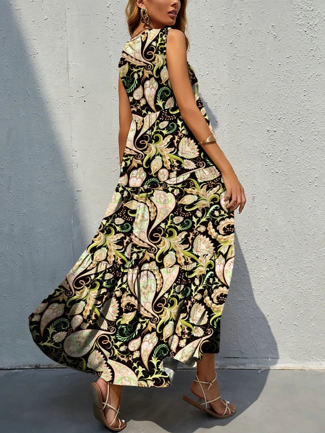 Printed V-Neck Tiered Maxi Tank Dress