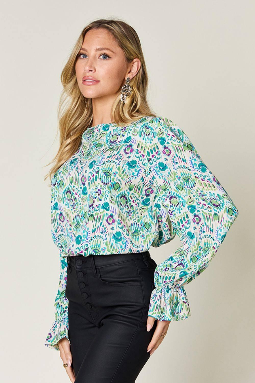 Double Take Full Size Printed Flounce Sleeve Blouse - Clothes For Her Online Store