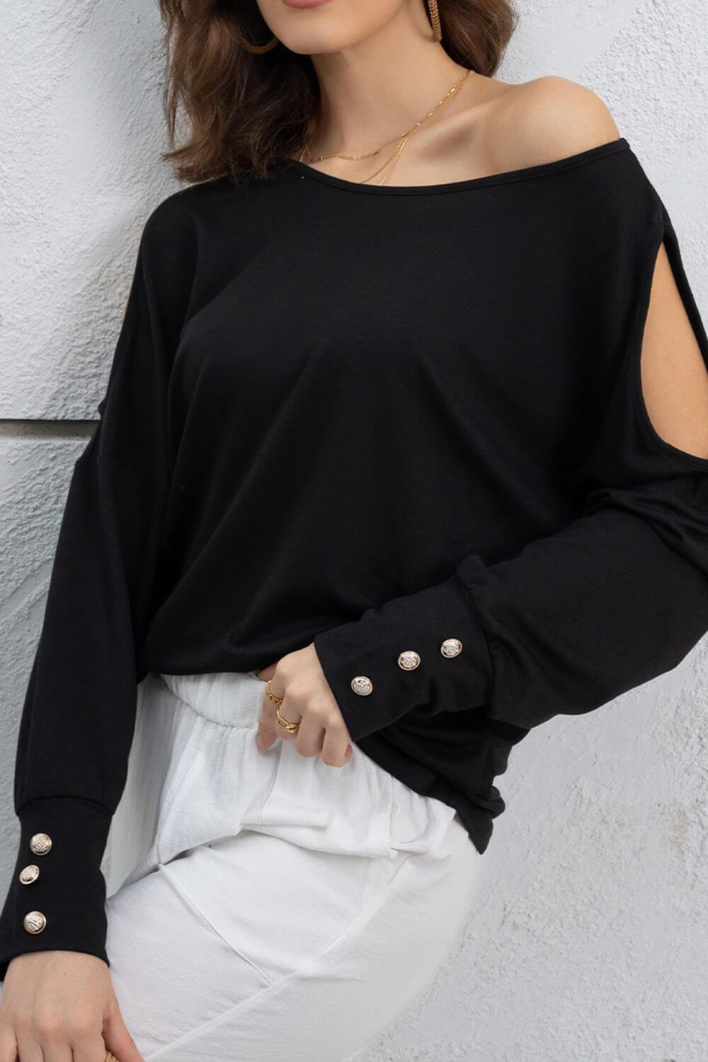Cutout Round Neck Long Sleeve Top - Clothes For Her Online Store