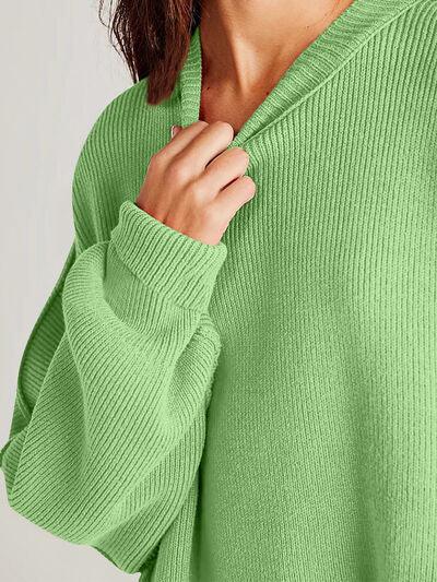 Double Take Side Slit Round Neck Long Sleeve Sweater - Clothes For Her Online Store