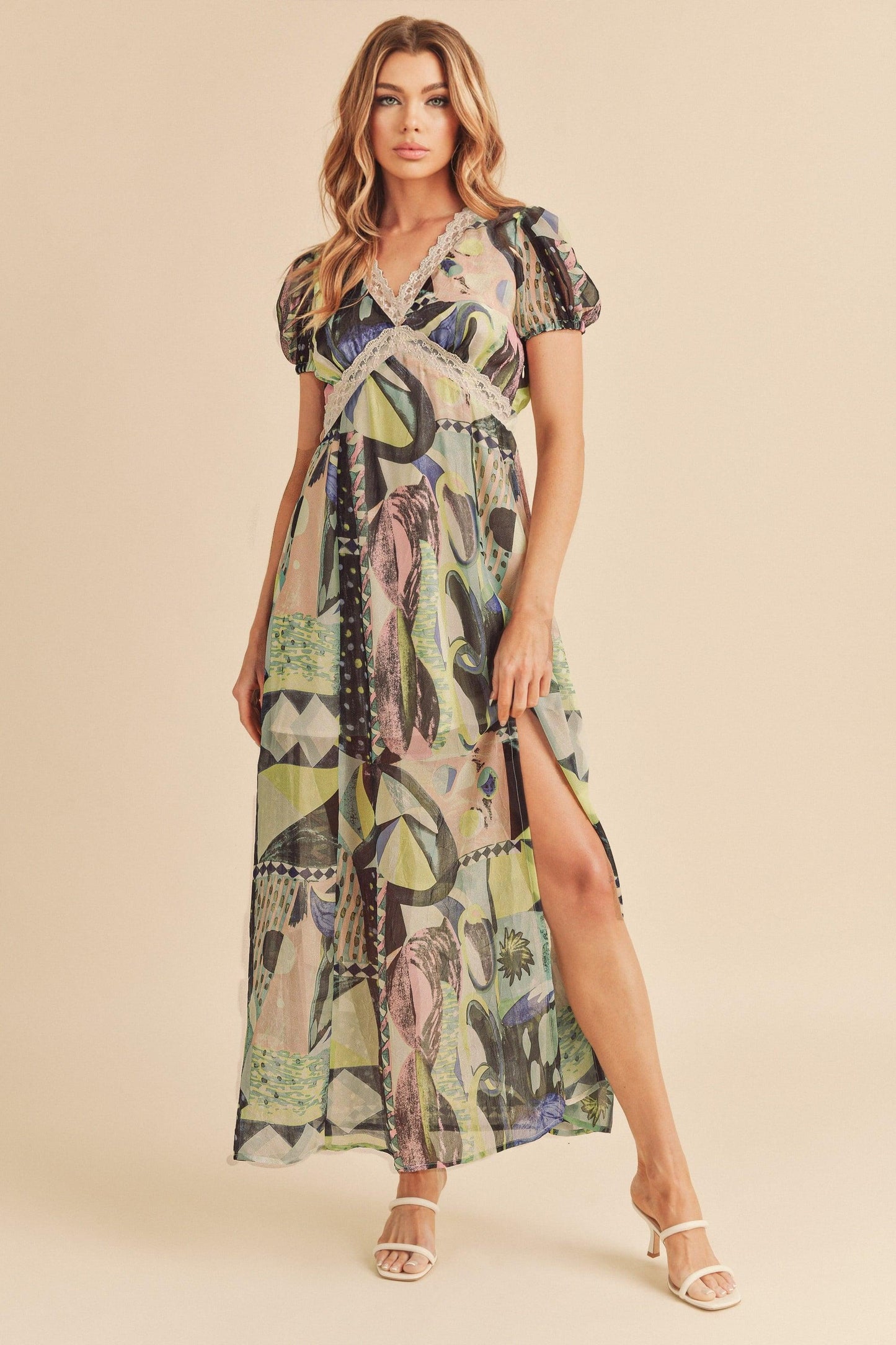 Aemi + Co Lace Detail Slit Geometric Print Short Sleeve Maxi Dress - Clothes For Her Online Store