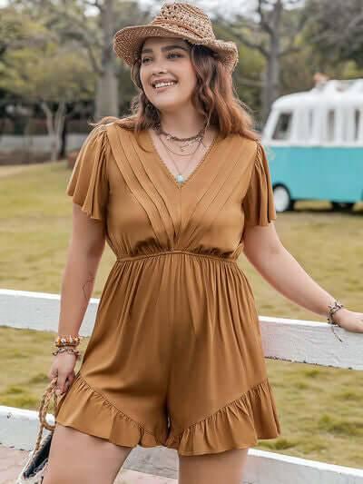 Plus Size Ruffled V-Neck Short Sleeve Romper - Clothes For Her Online Store
