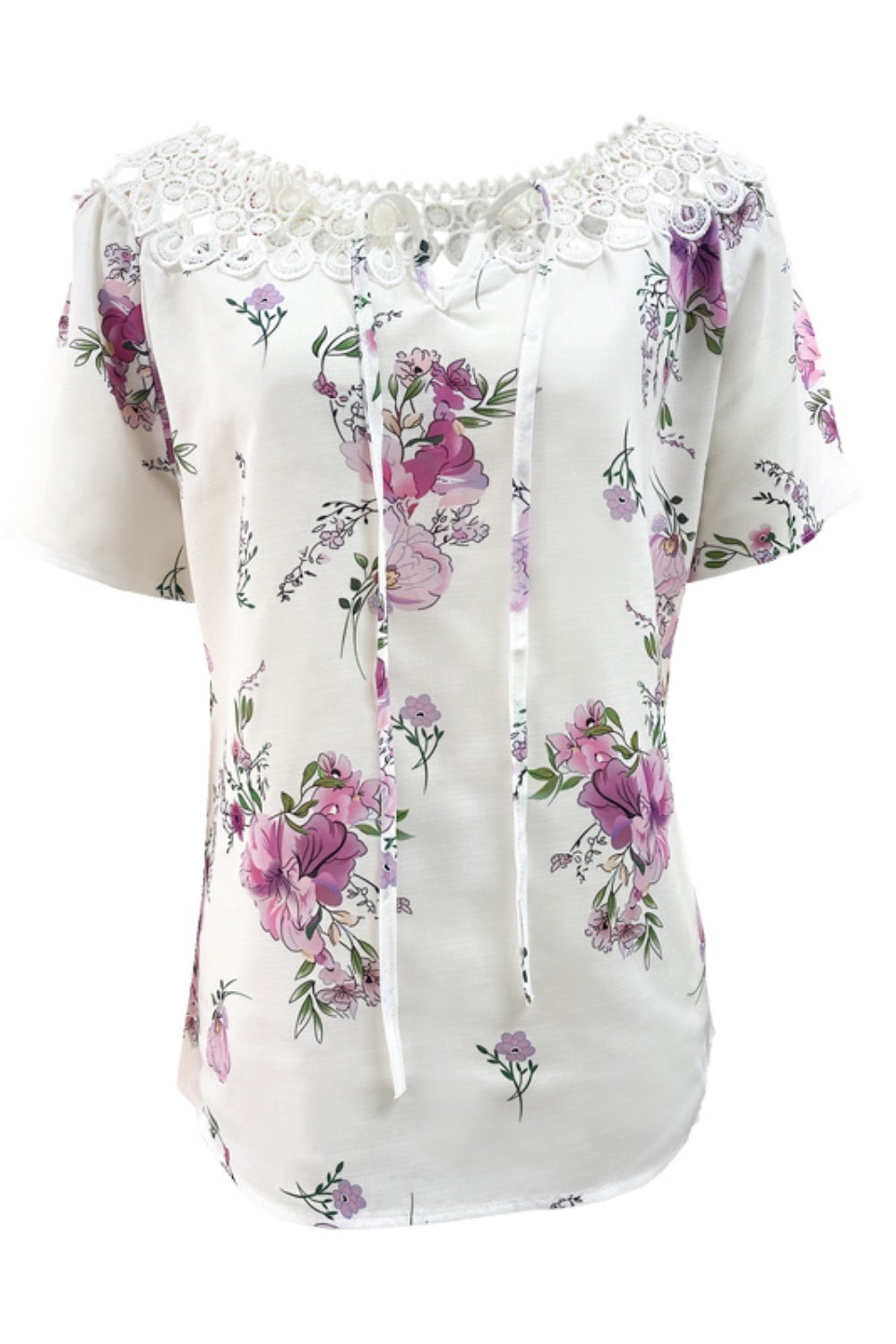 Full Size Printed Tie Neck Short Sleeve Blouse - Clothes For Her Online Store