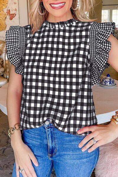 Checkered Ruffled Sleeve Frilled Neck Blouse - Clothes For Her Online Store