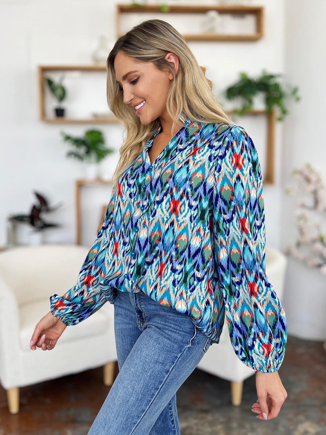 Double Take Full Size Printed Balloon Sleeve Blouse - Clothes For Her Online Store
