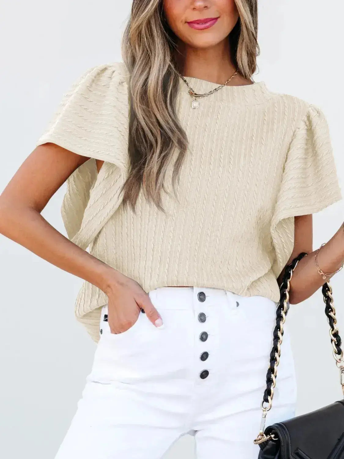 Round Neck Ruffle Sleeve Top - Clothes For Her Online Store