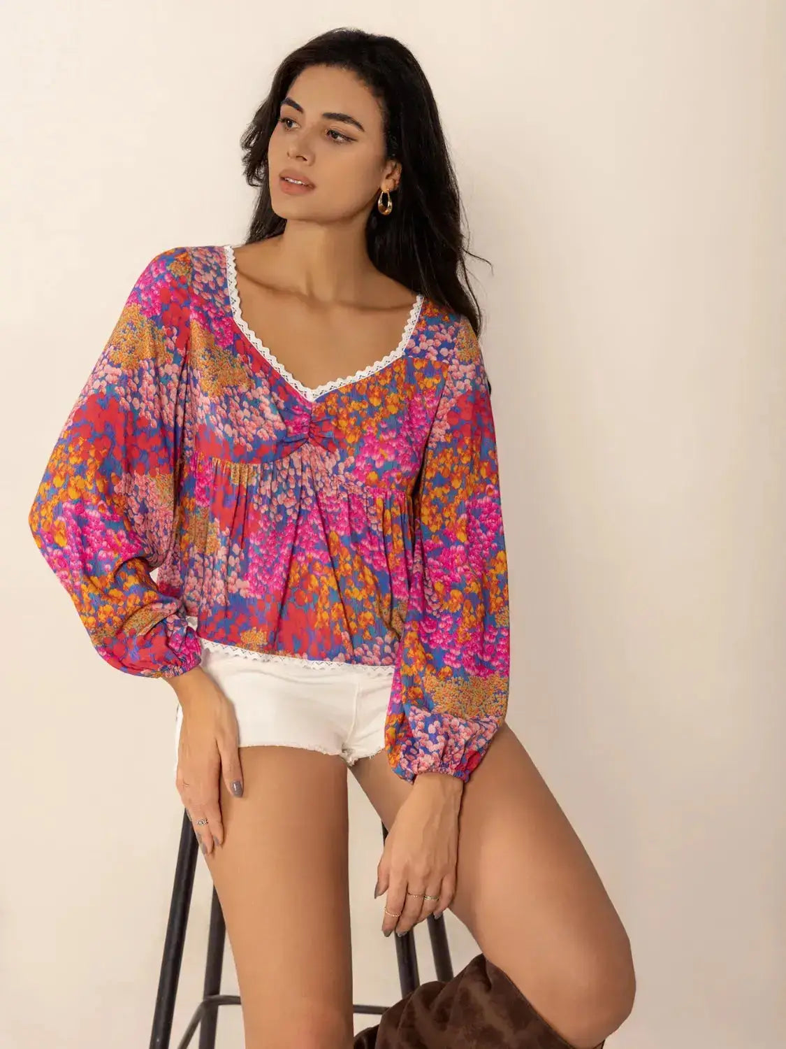 Lace Detail Printed Balloon Sleeve Top - Clothes For Her Online Store