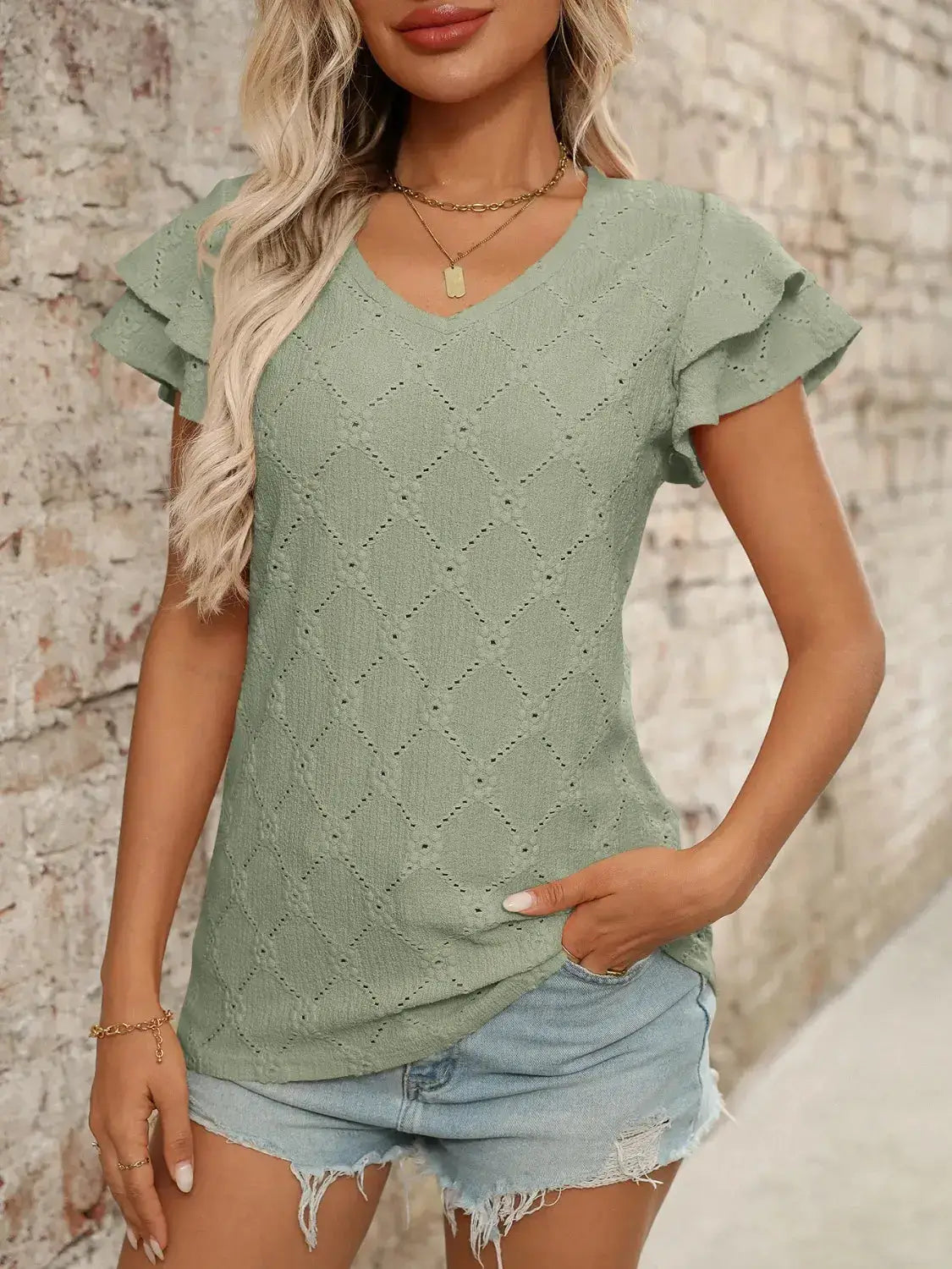 Eyelet V-Neck Ruffled Cap Sleeve Top - Clothes For Her Online Store