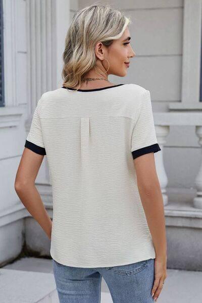 Cutout Round Neck Short Sleeve Blouse - Clothes For Her Online Store