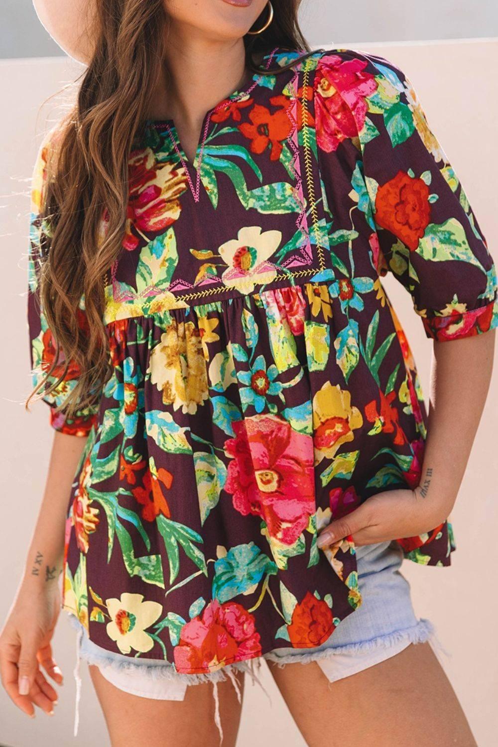 Flower Embroidered Trim Half Sleeve Blouse - Clothes For Her Online Store