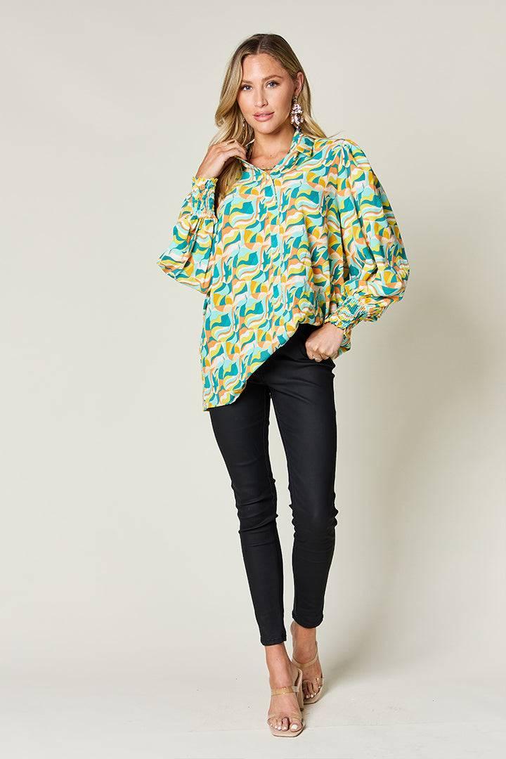 Double Take Full Size Printed Smocked Long Sleeve Blouse - Clothes For Her Online Store