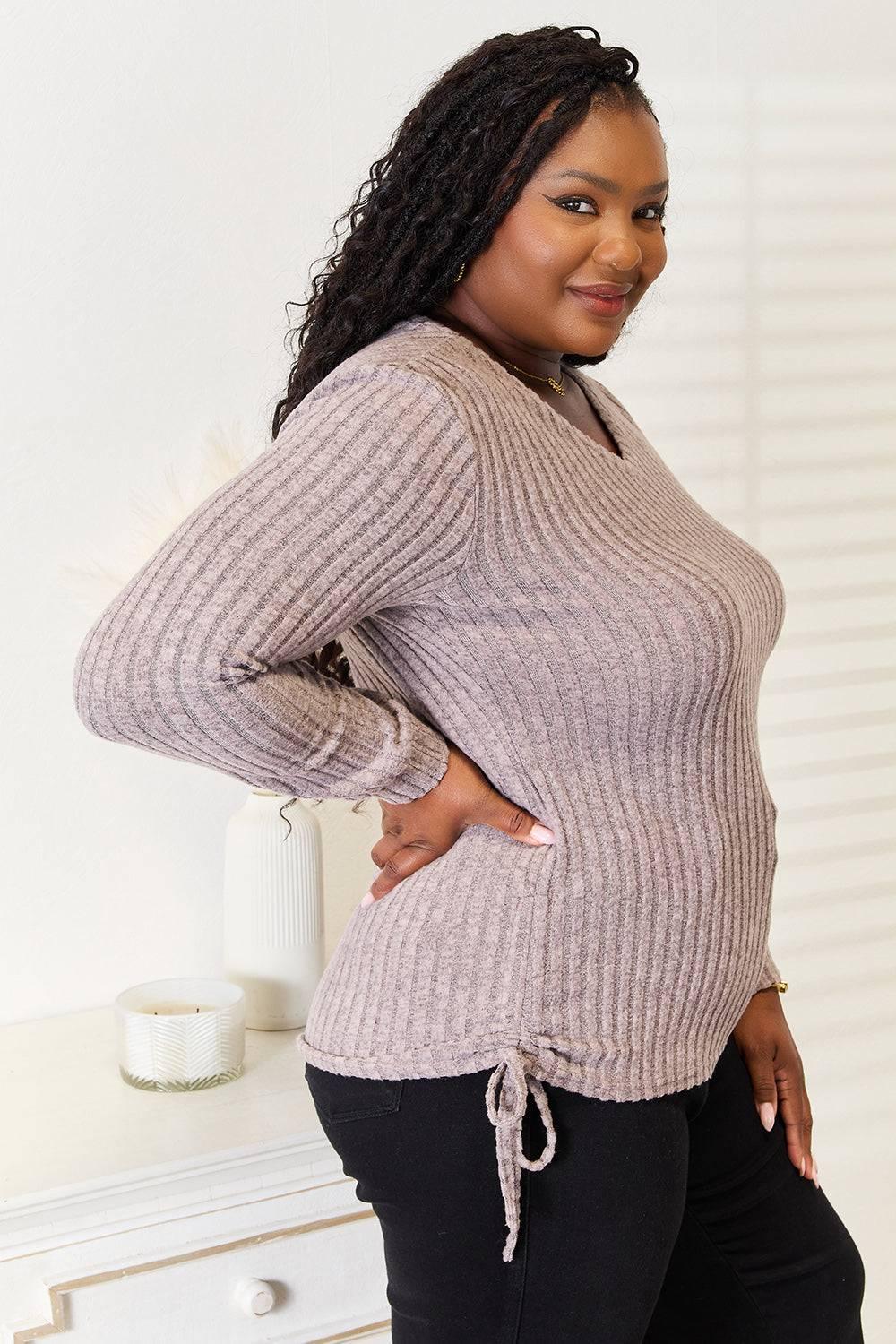 Double Take Drawstring Ribbed Long Sleeve T-Shirt - Clothes For Her Online Store