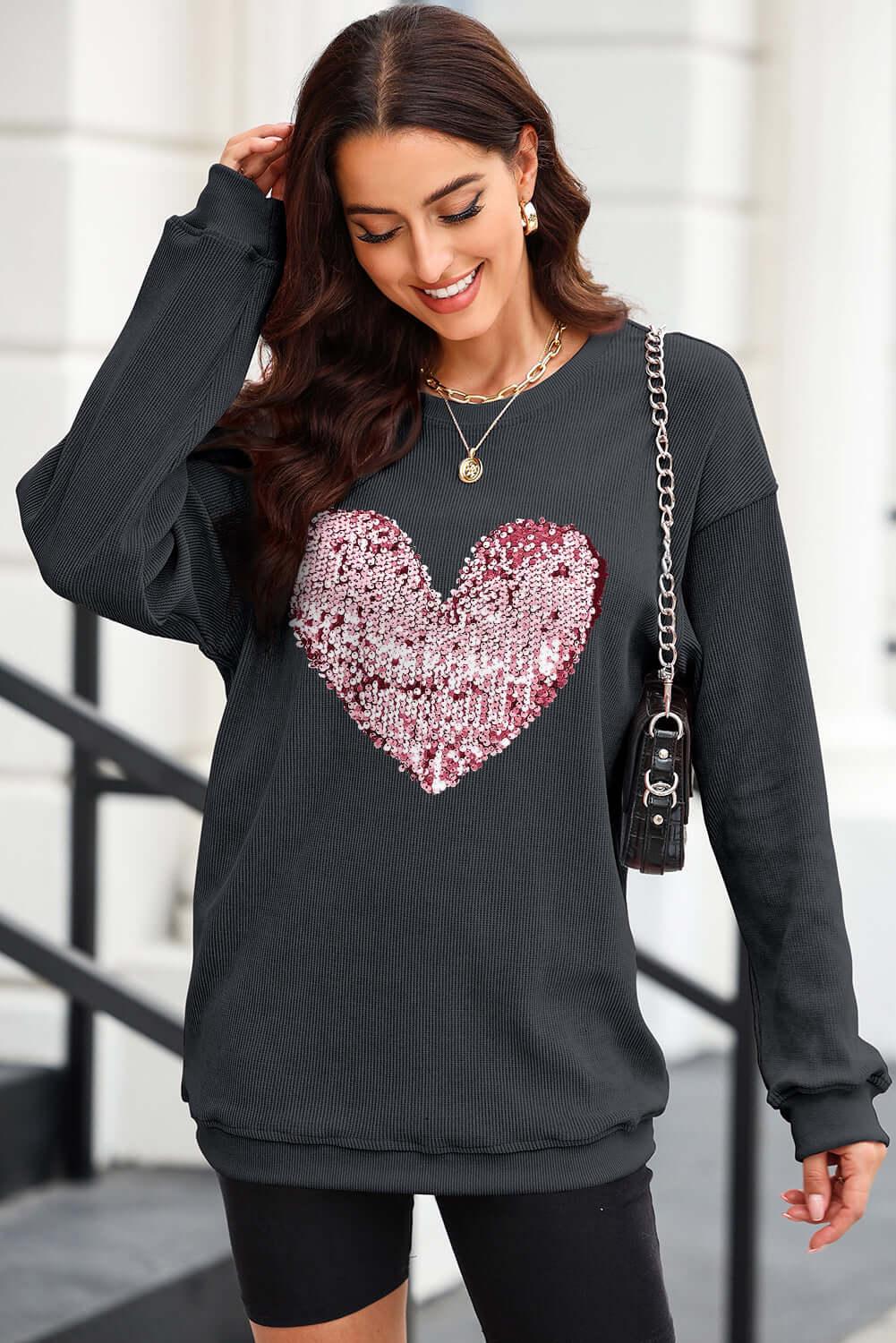 Heart Sequin Round Neck Sweatshirt - Clothes For Her Online Store