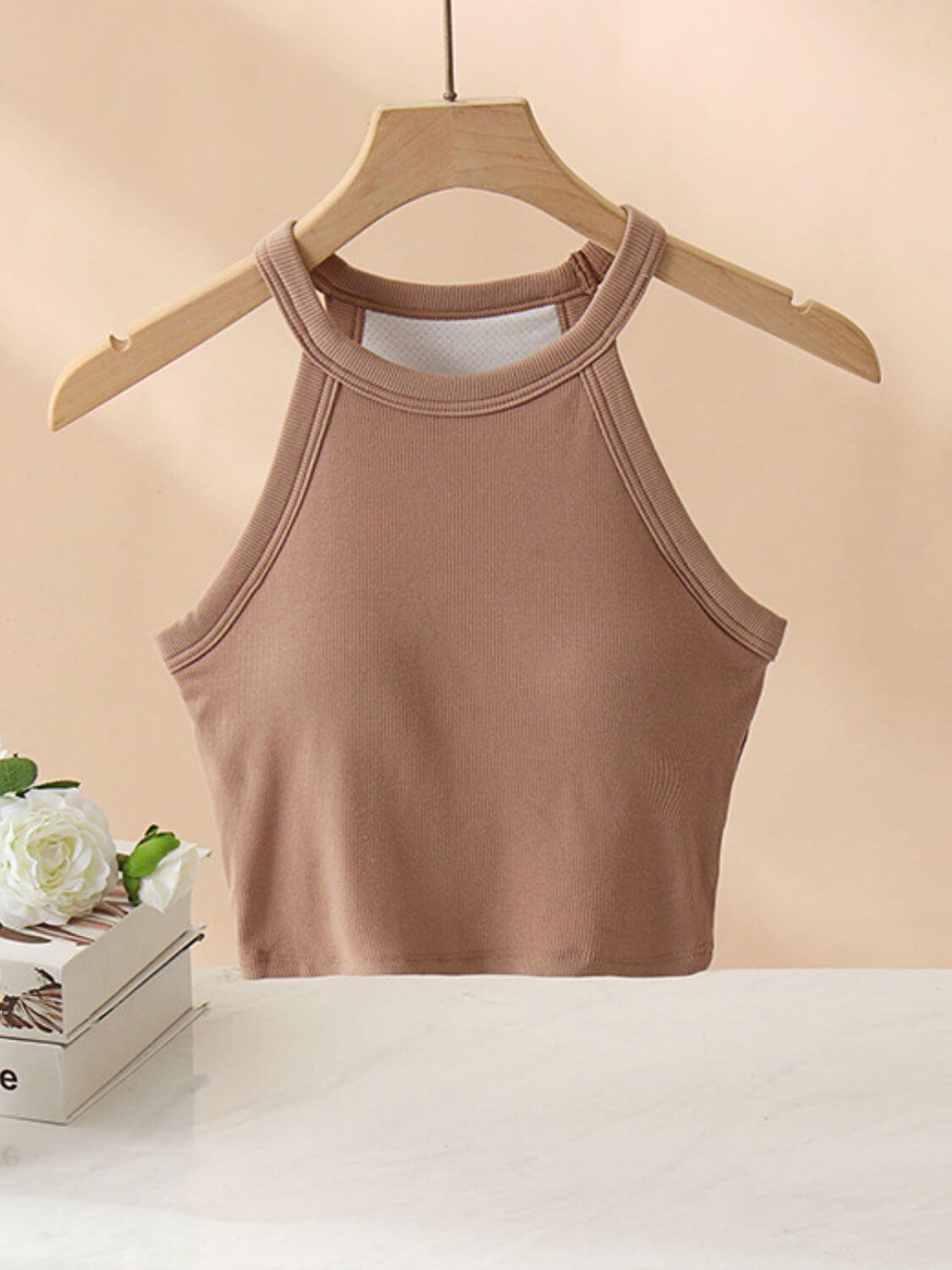 Ribbed Grecian Neck Cropped Tank with Chest Pads - Clothes For Her Online Store