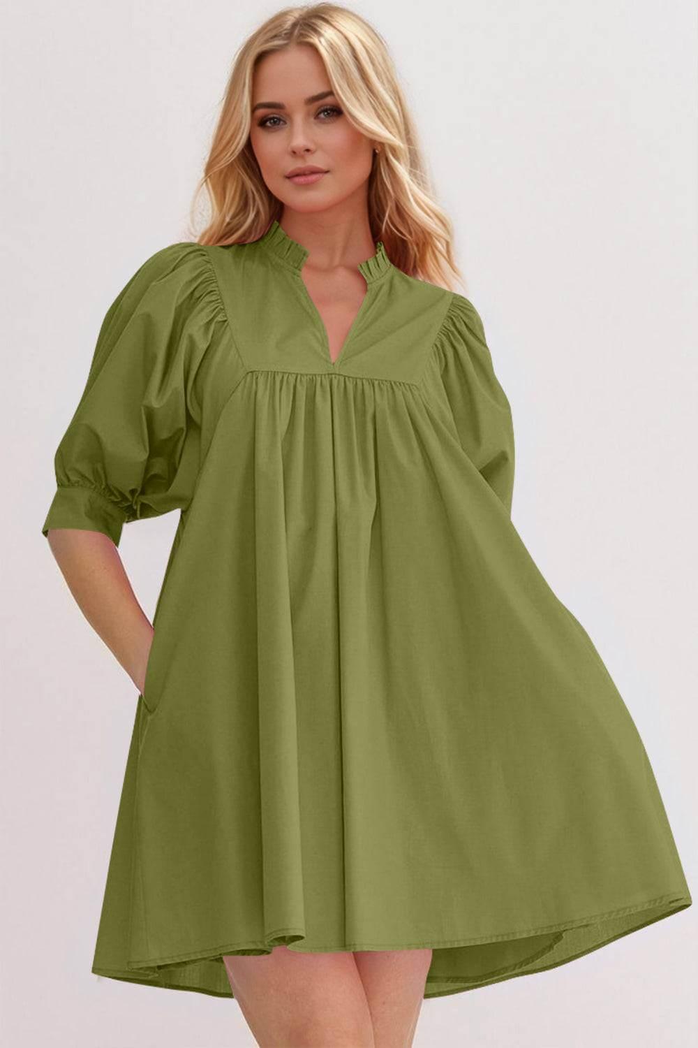Oh Frill Notched Puff Sleeve Babydoll Mini Dress - Clothes For Her Online Store