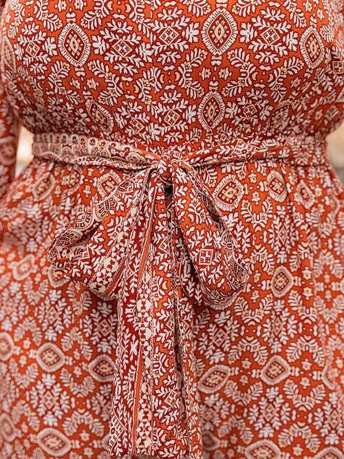 Plus Size Printed V-Neck Tie Front Balloon Sleeve Jumpsuit - Clothes For Her Online Store