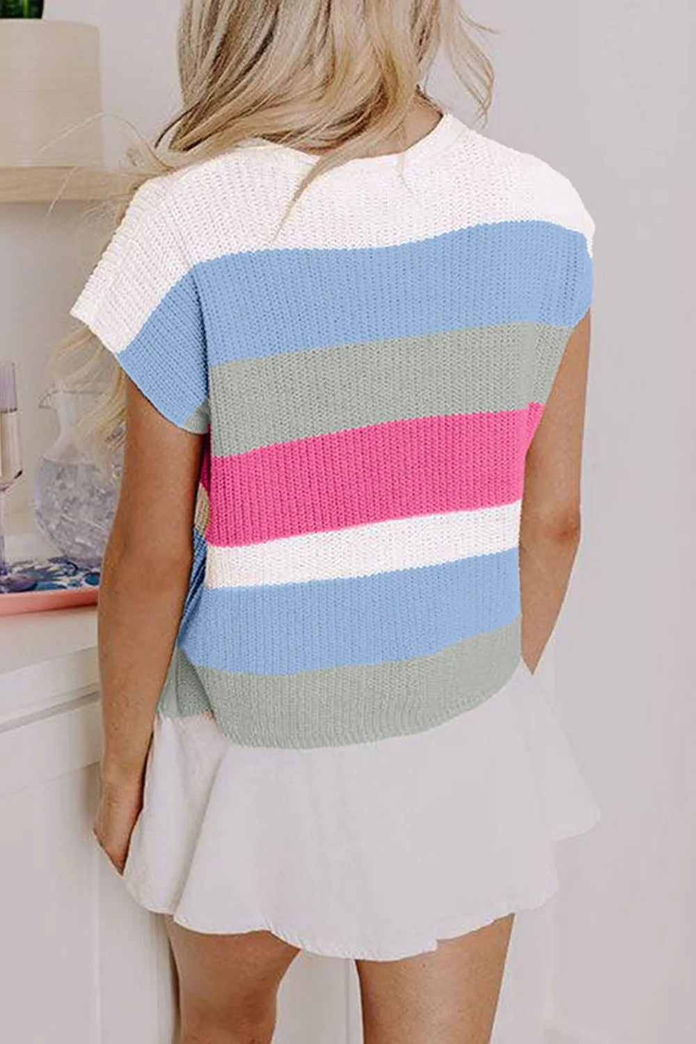 Color Block Notched Cap Sleeve Knit Top