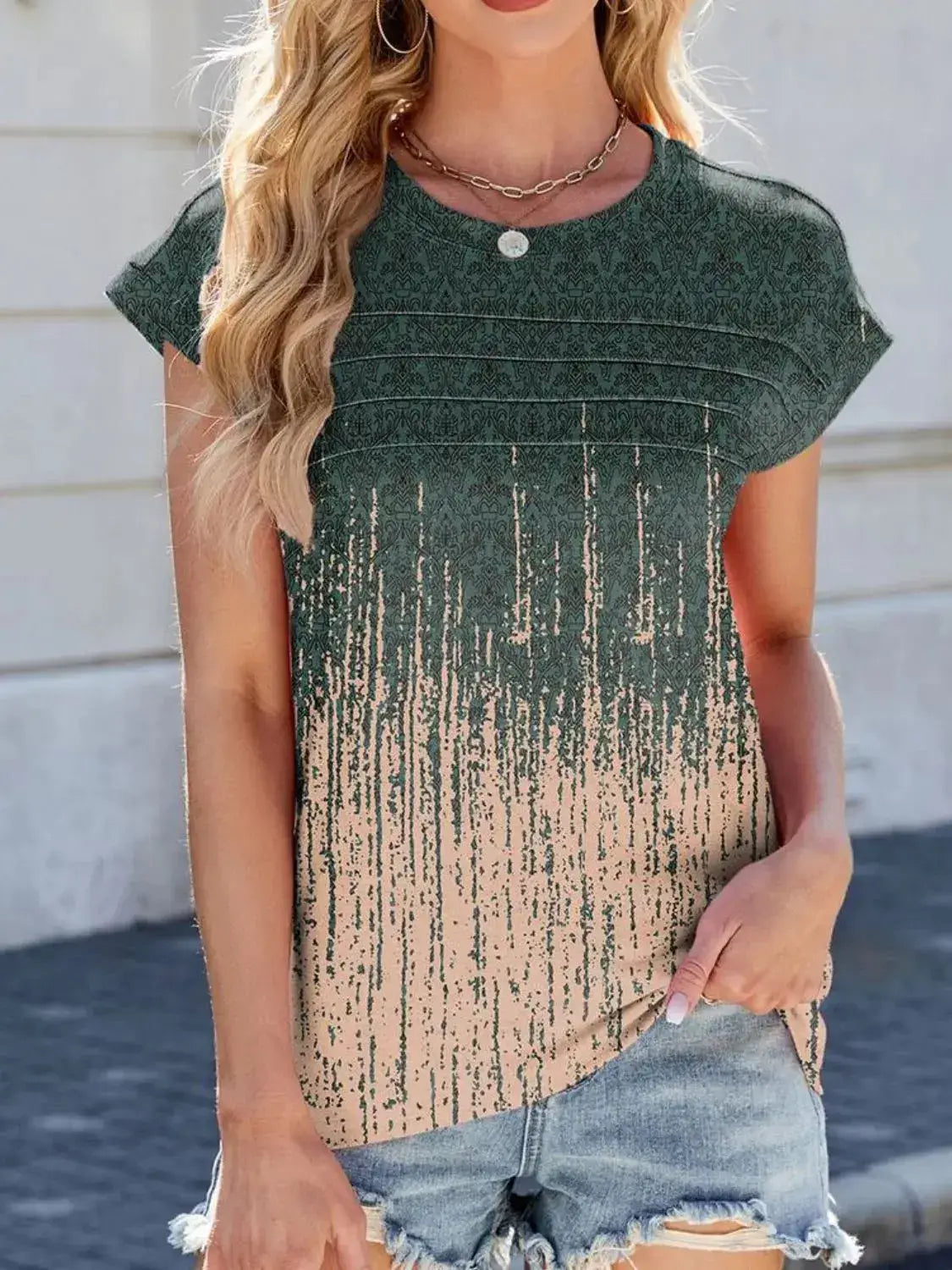 Printed Round Neck Cap Sleeve Top - Clothes For Her Online Store