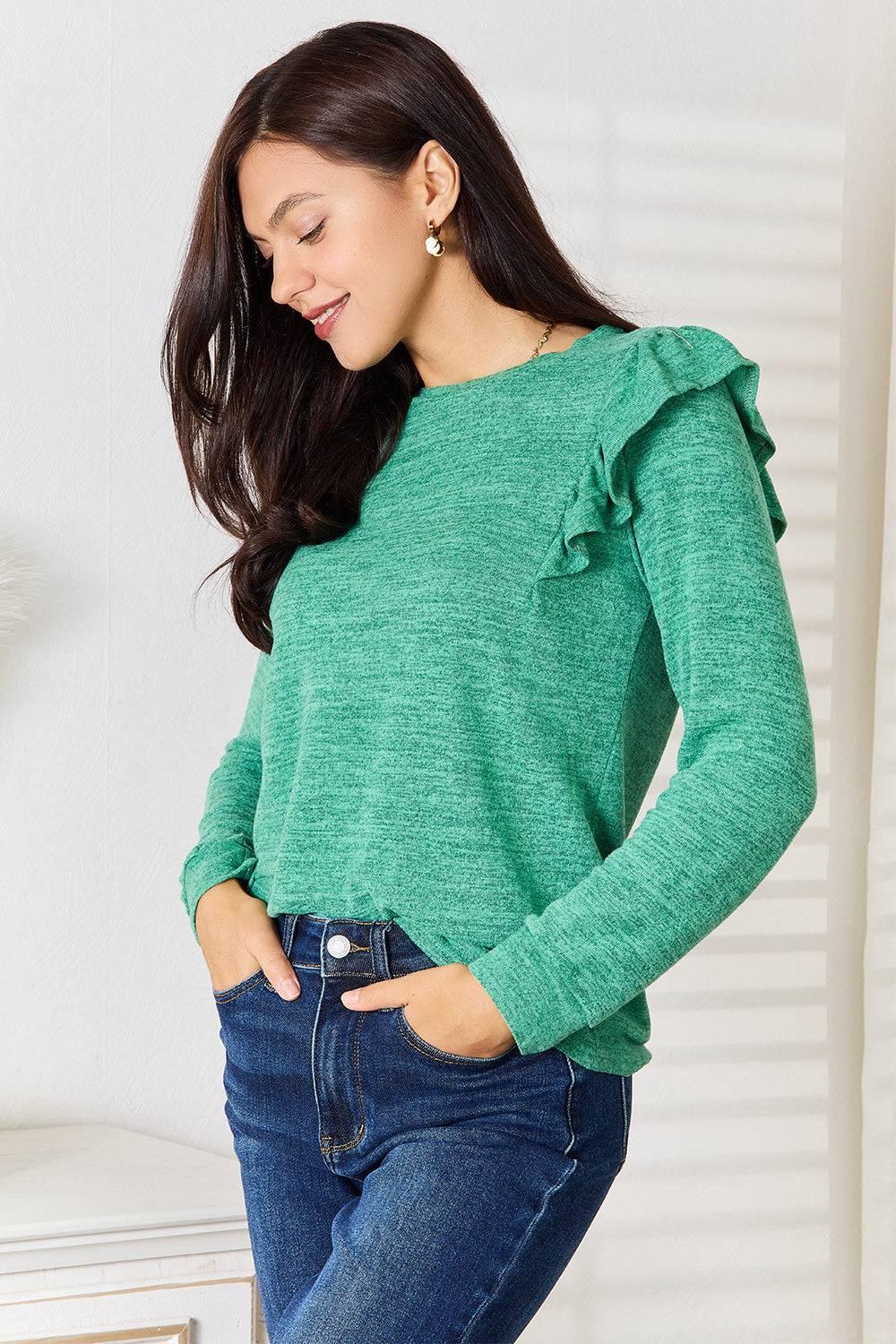 Double Take Ruffle Shoulder Long Sleeve T-Shirt - Clothes For Her Online Store