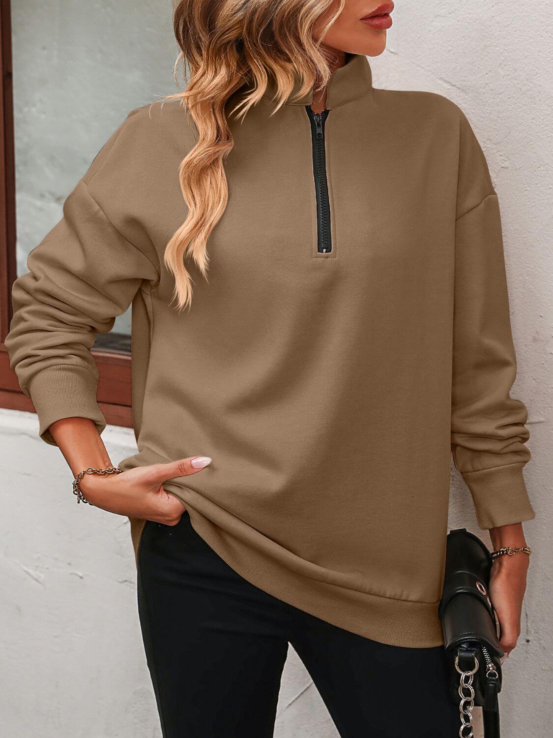 Mandy Zip-Up Dropped Shoulder Sweatshirt - Clothes For Her Online Store