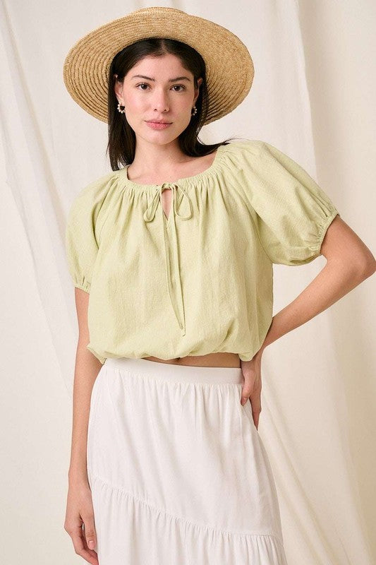 Mittoshop Linen Two-Way Short Sleeve Crop Blouse - Clothes For Her Online Store