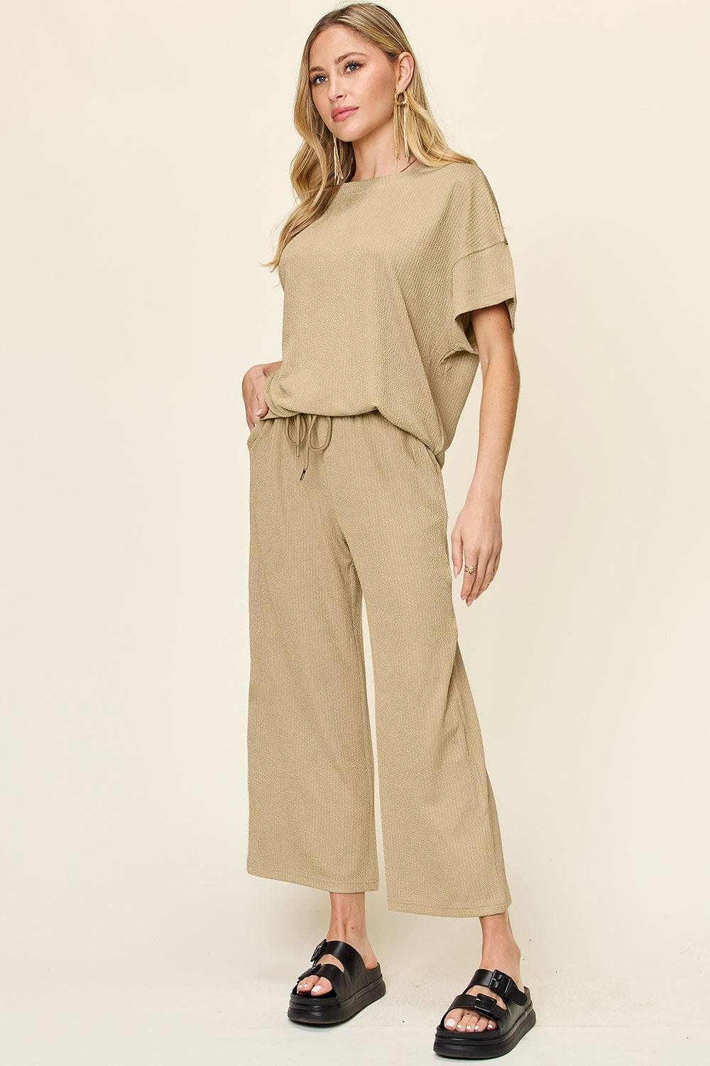 Double Take Full Size Texture Round Neck Short Sleeve T-Shirt and Wide Leg Pants - Clothes For Her Online Store