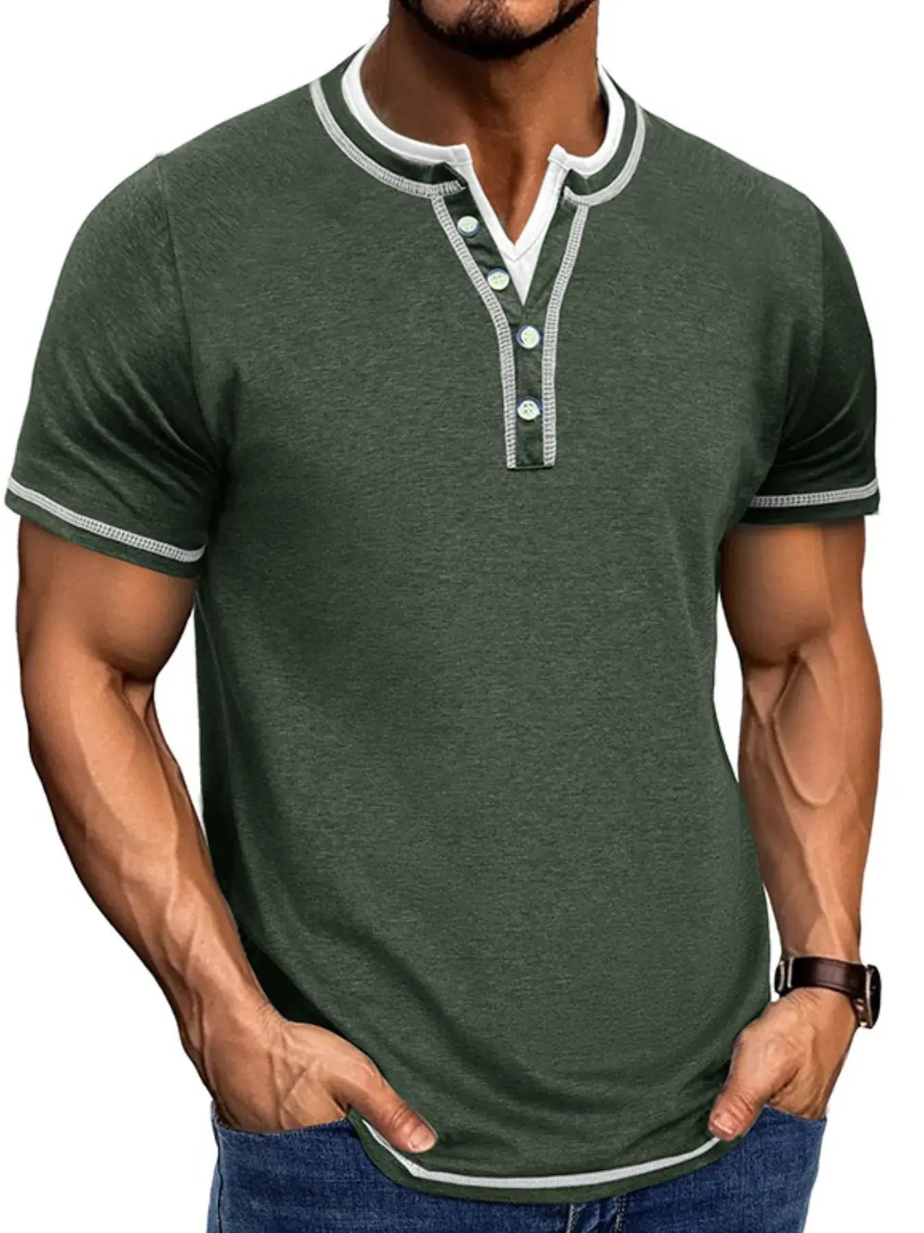 Men's Casual Henley Polo Shirt with Contrast Trim