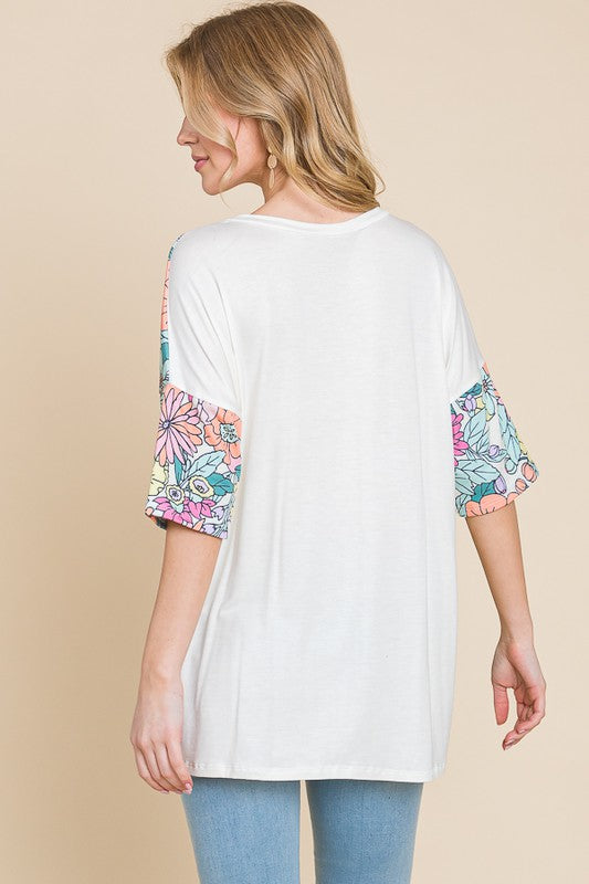 BOMBOM Floral Round Neck Half Sleeve T-Shirt - Clothes For Her Online Store