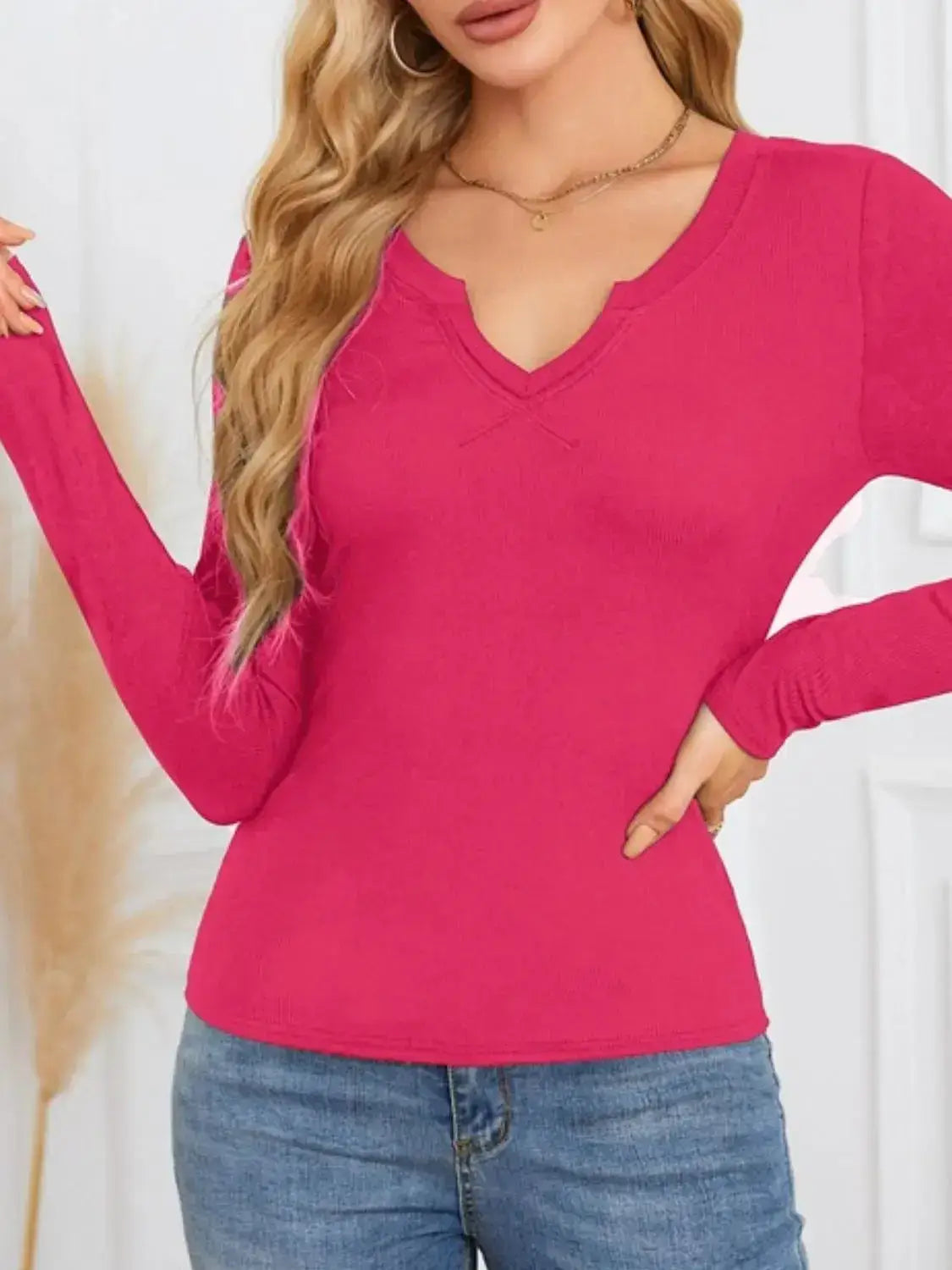 Notched Long Sleeve T-Shirt - Clothes For Her Online Store