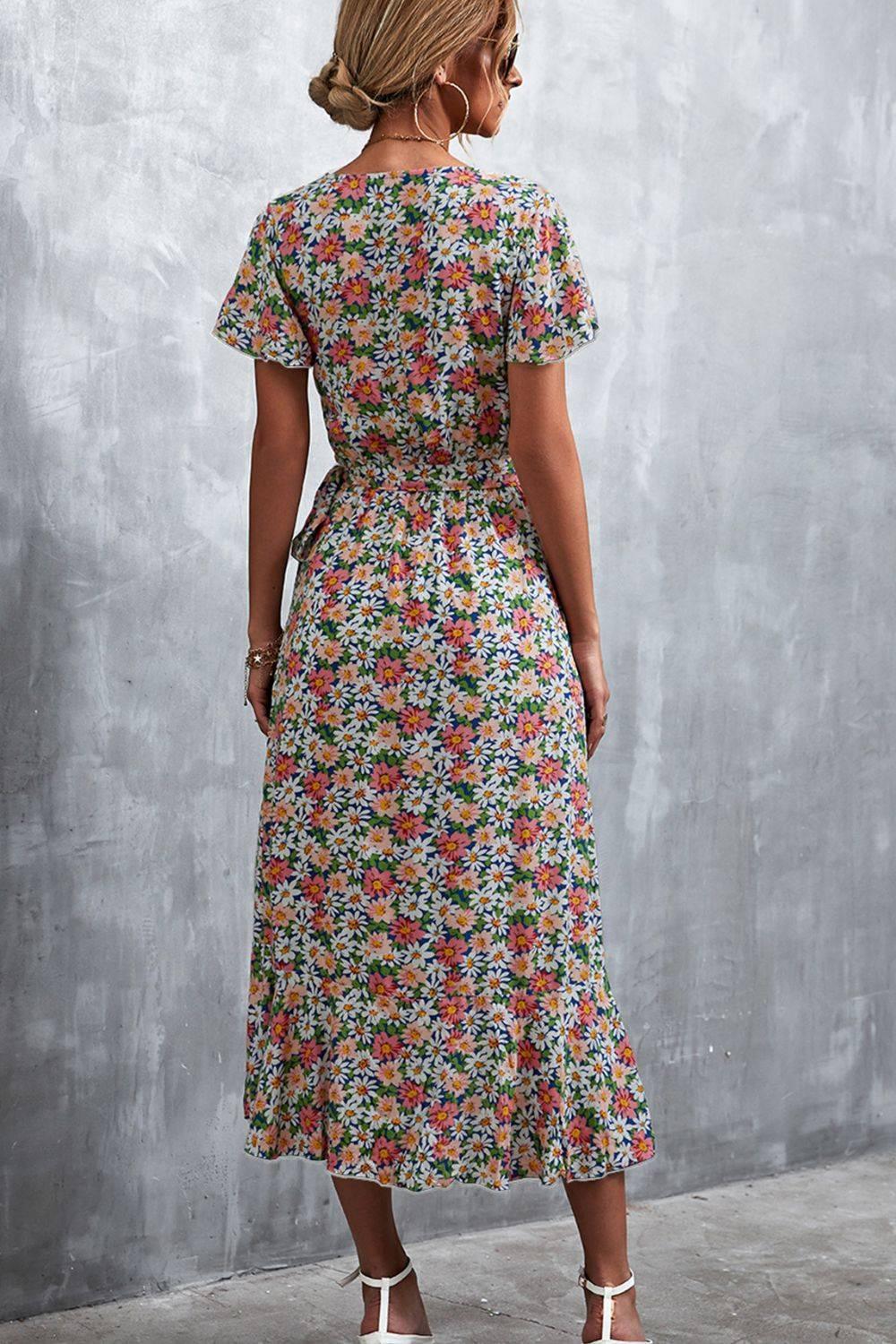 Floral Surplice Neck Tied Midi Dress - Clothes For Her Online Store