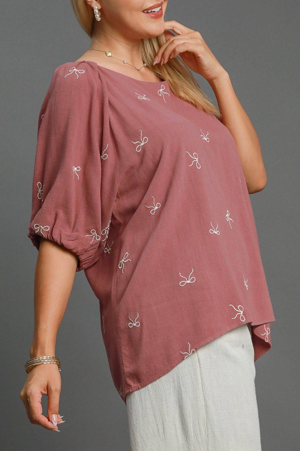 Umgee Full Size Linen Blend Ribbon Embroidered Top Plus Size - Clothes For Her Online Store
