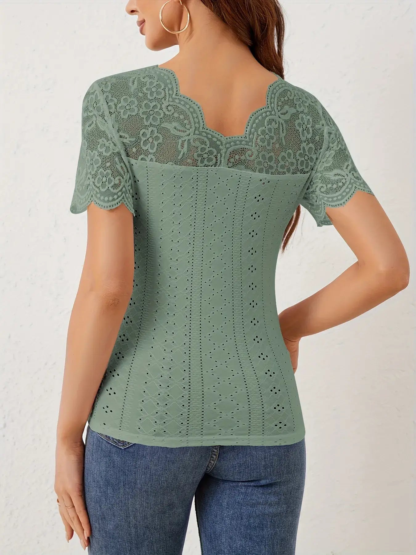 Lace Trim Eyelet Embroidered Summer T-Shirt