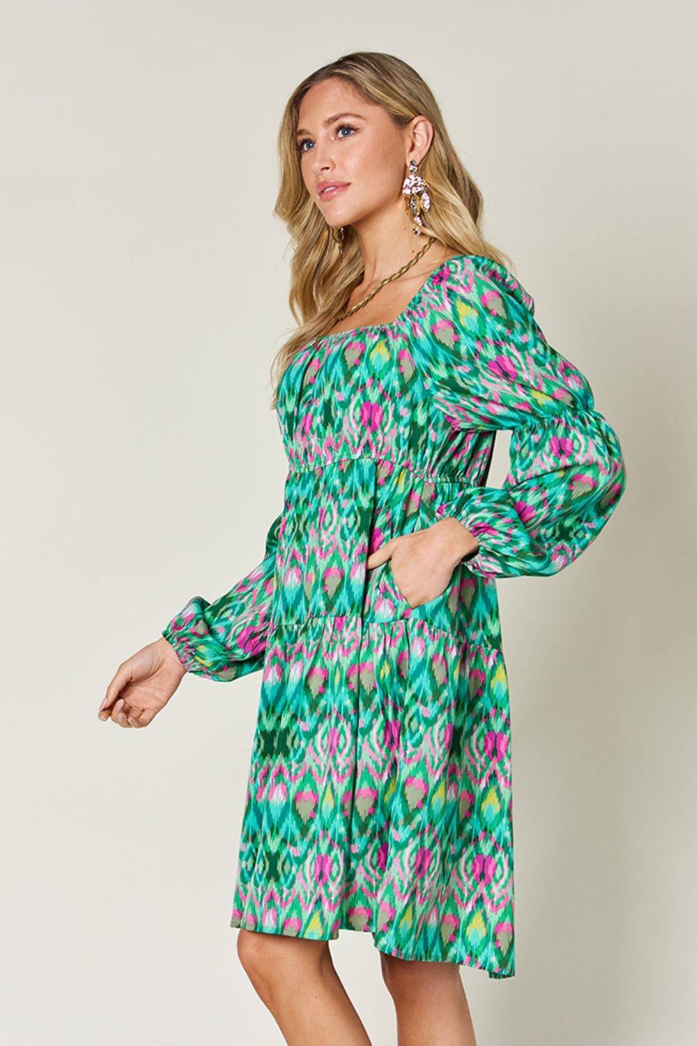 Double Take Full Size Printed Long Sleeve Dress - Clothes For Her Online Store