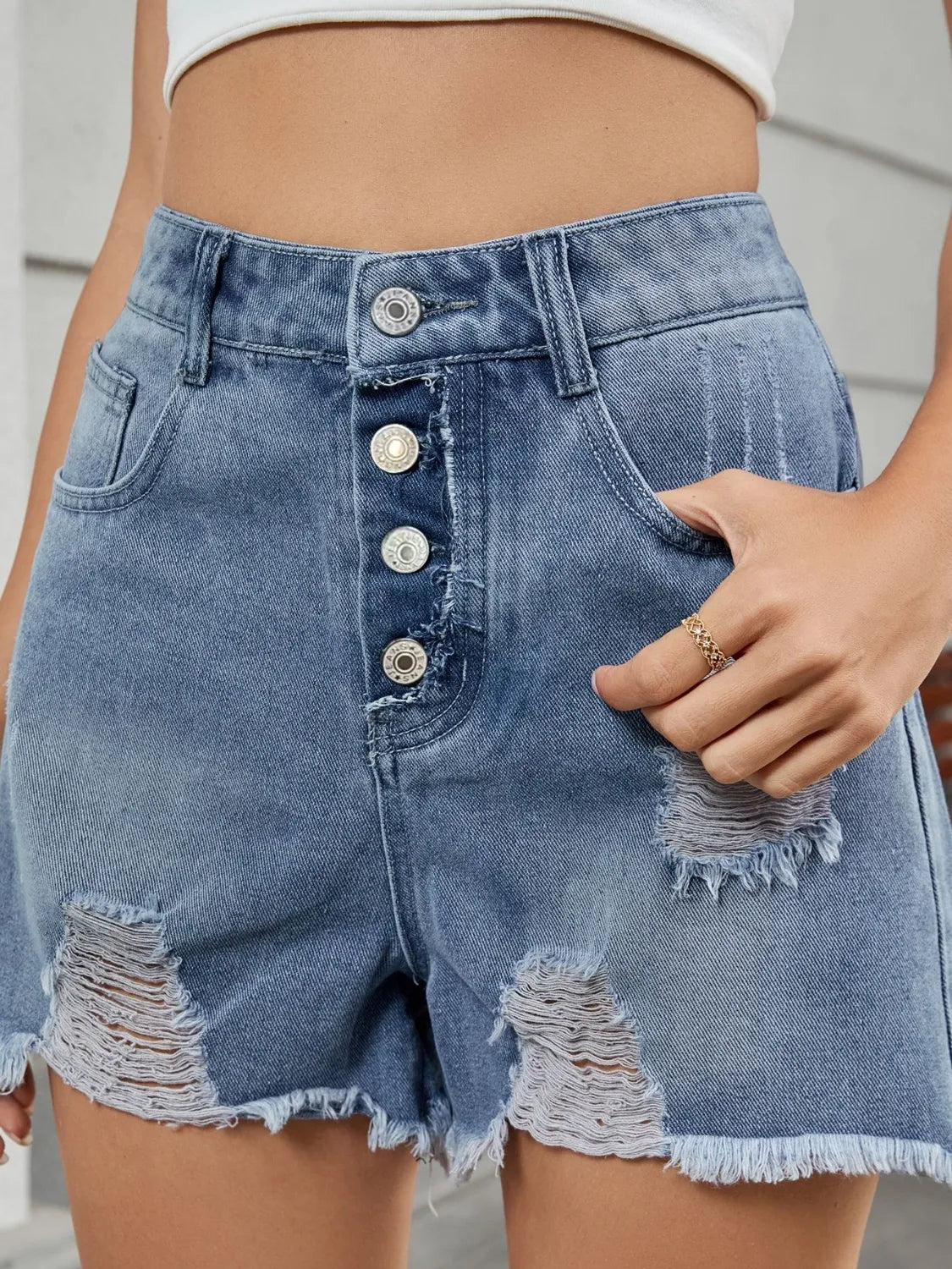 Distressed Raw Hem Denim Shorts