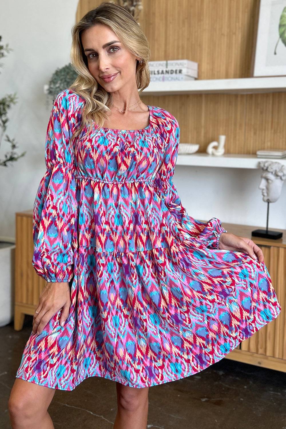 Double Take Full Size Printed Long Sleeve Dress - Clothes For Her Online Store