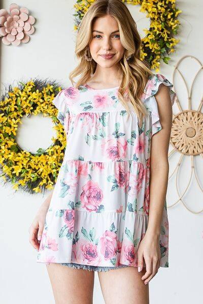 Heimish Full Size Butterfly Short Sleeve Round Neck Floral Print Tiered Top Plus Size - Clothes For Her Online Store