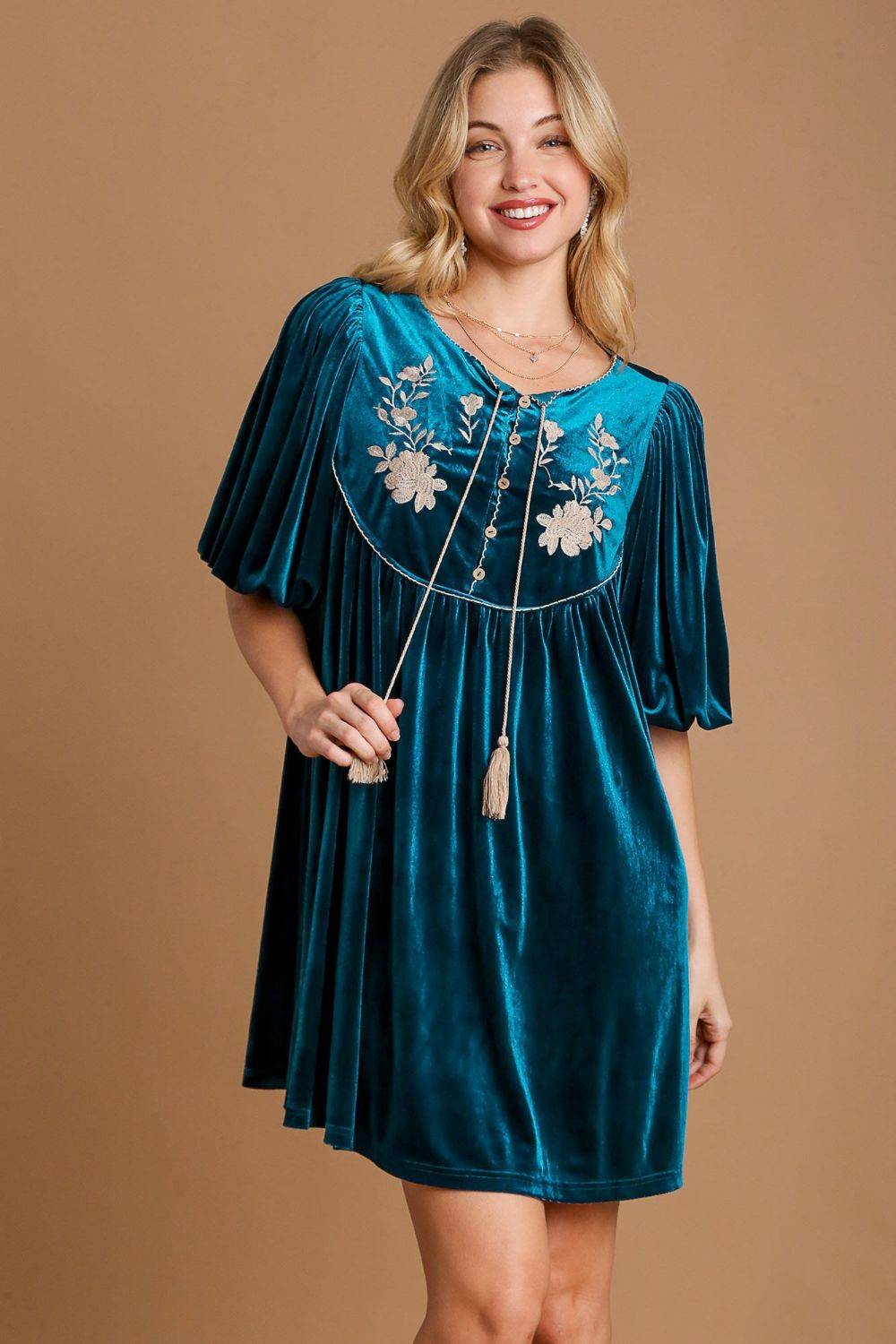 Umgee Embroidered Half Sleeve Velvet Mini Dress with Tassel - Clothes For Her Online Store