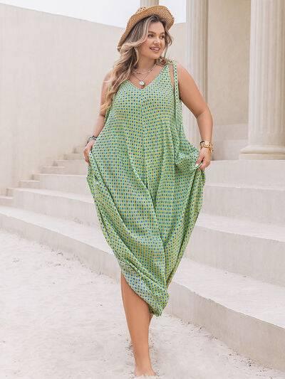 Plus Size Printed V-Neck Wide Leg Jumpsuit - Clothes For Her Online Store
