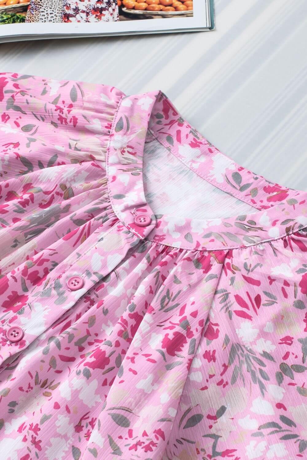Floral Half Button Round Neck Short Sleeve Blouse - Clothes For Her Online Store