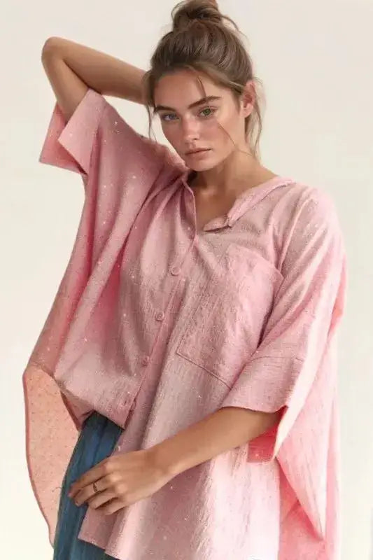 Davi & Dani Rhinestone Pleat Back Short Sleeve Loose Fit Shirt - Clothes For Her Online Store