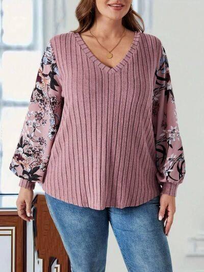 Plus Size Printed V-Neck Long Sleeve T-Shirt - Clothes For Her Online Store
