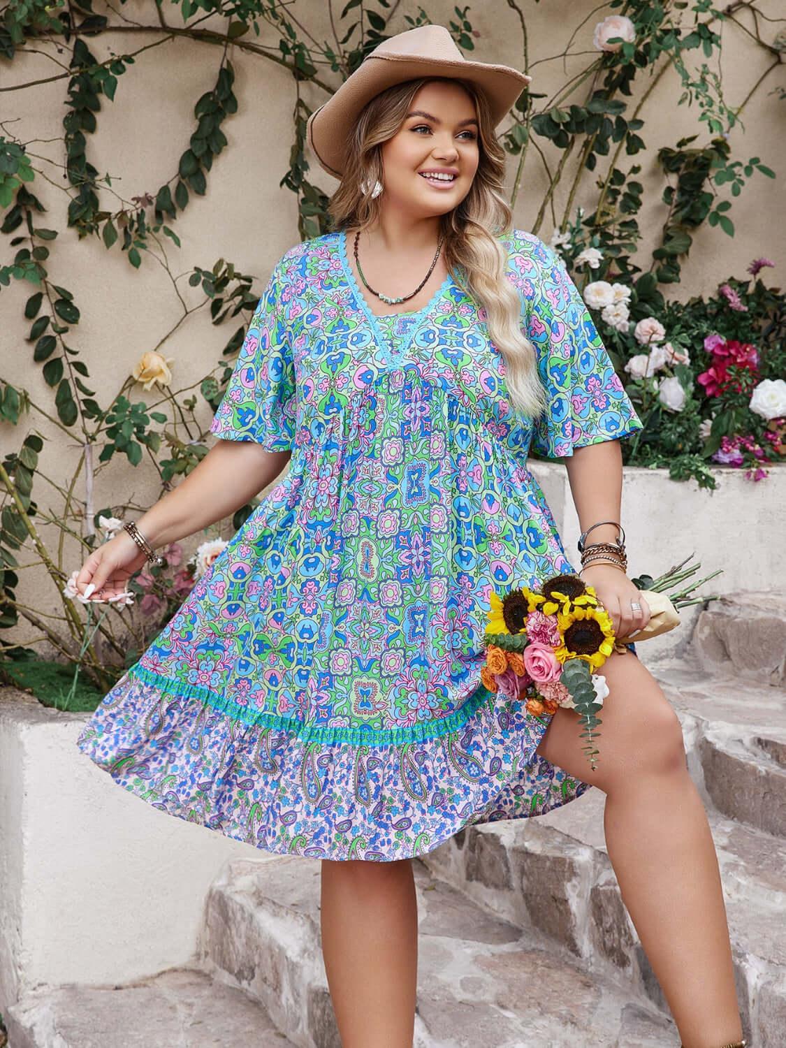 Plus Size Ruffled Hem Lace Detail Printed Half Sleeve Dress - Clothes For Her Online Store