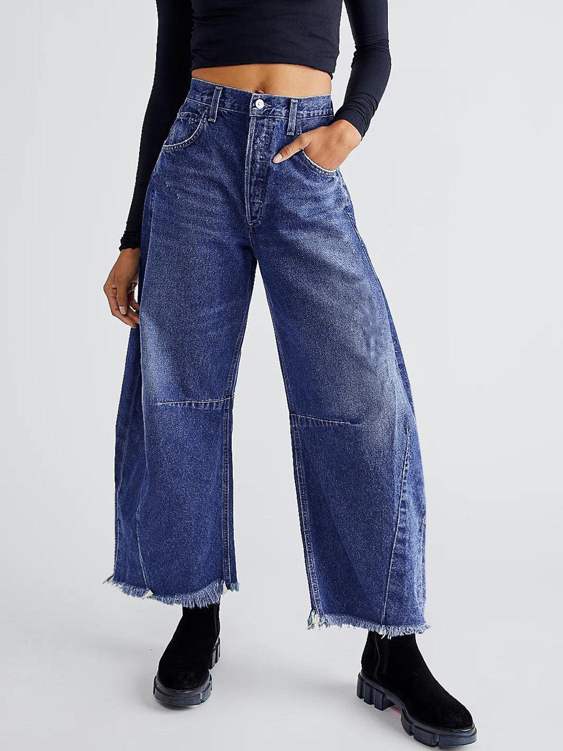 Raw Hem Wide Leg Jeans with Pockets - Clothes For Her Online Store