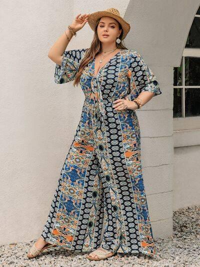 Plus Size Printed Half Sleeve Wide Leg Jumpsuit - Clothes For Her Online Store